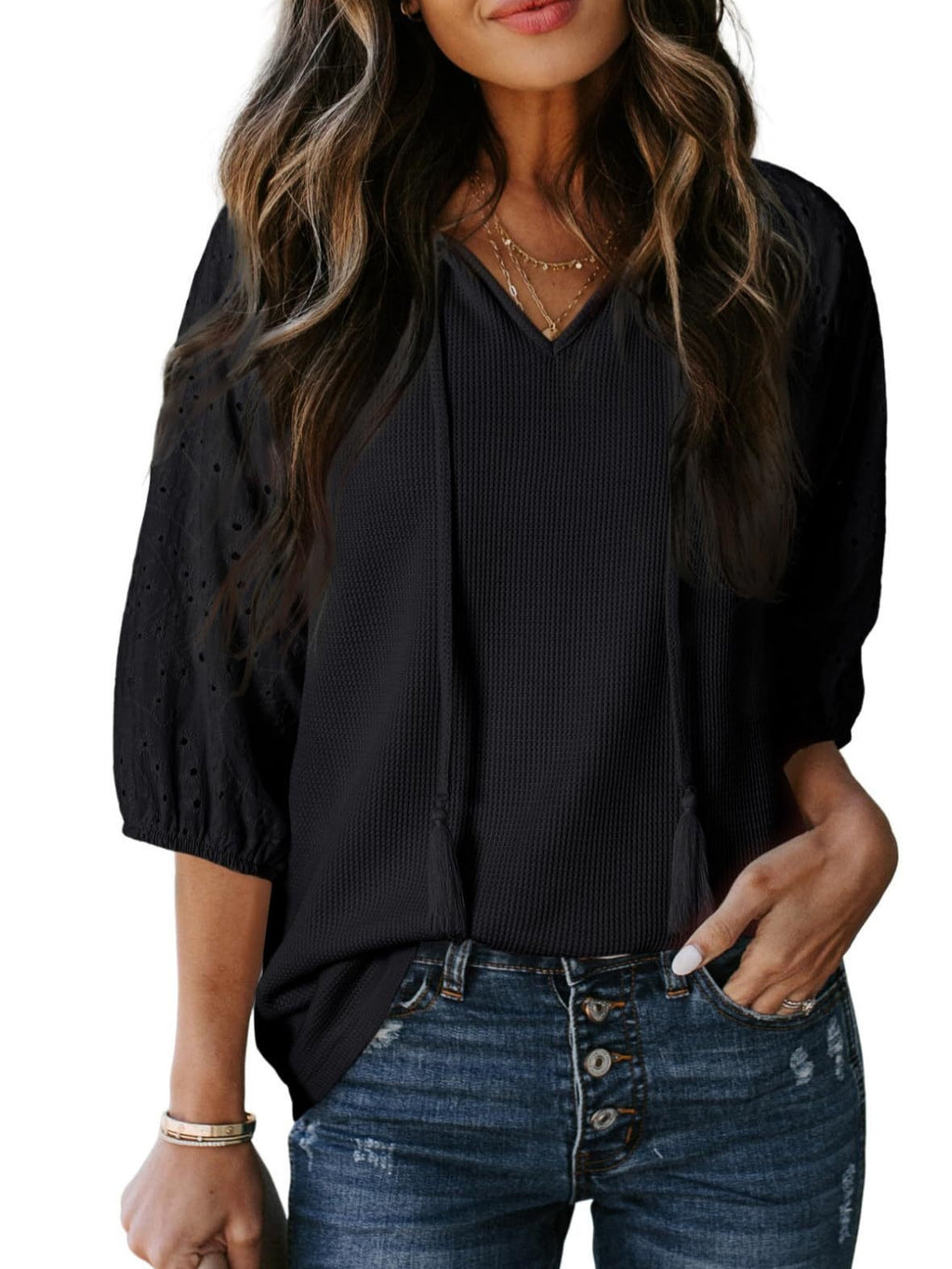 Women's Summer Jacquard Lantern Sleeve Color Matching Tops