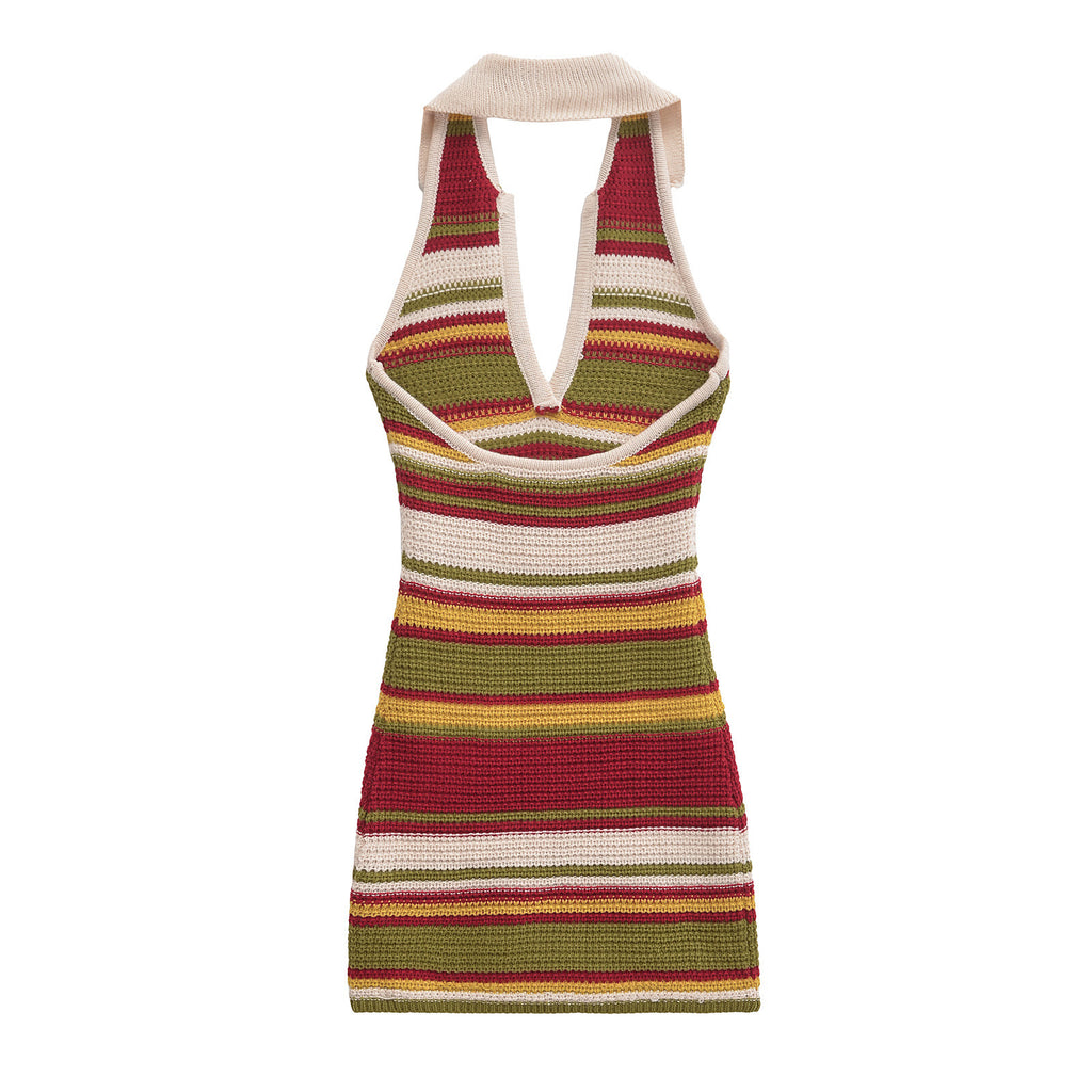 Fashion Women's Striped Print Sleeveless Backless Dress