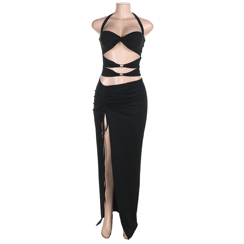 Women's Metal Buckle Split Hot Halter Tied Dress