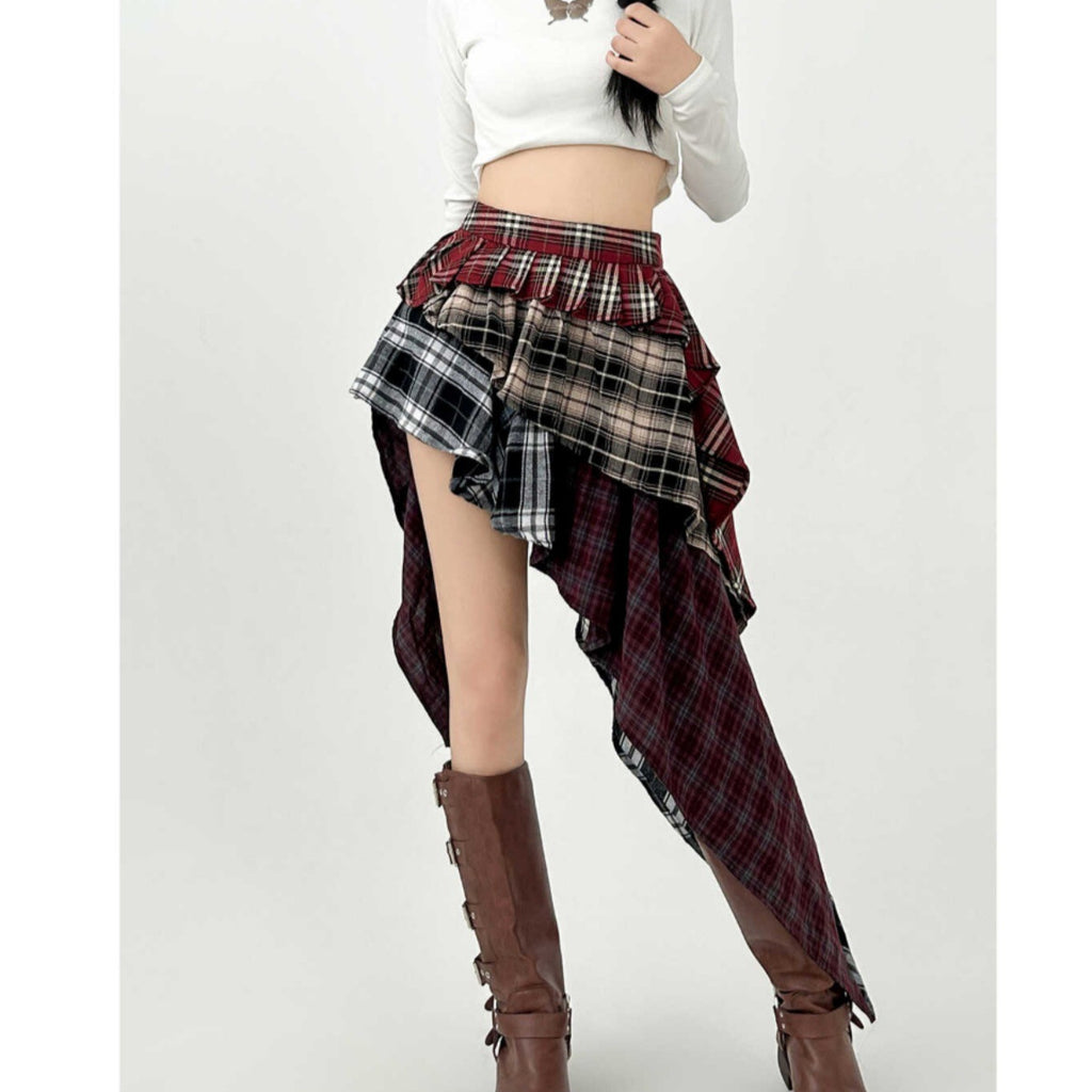 Women's Contrast Patchwork Plaid High Waist Slimming Skirt