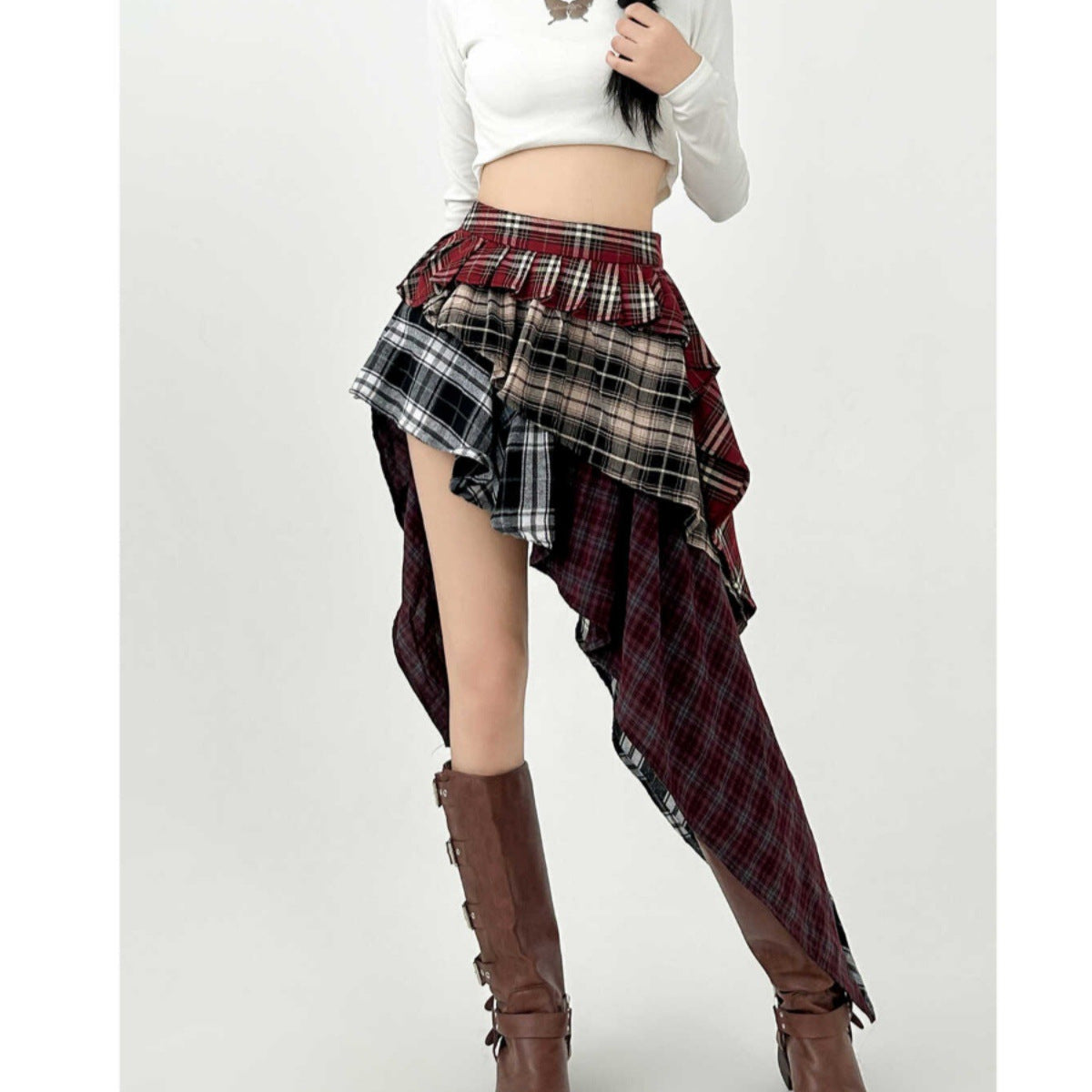 Women's Contrast Patchwork Plaid High Waist Slimming Skirt