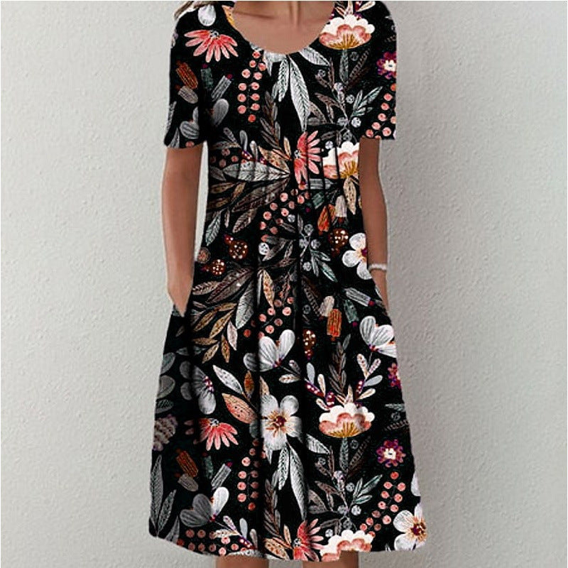 Women's Floral Print Round Neck Pocket Mid-length Clothing