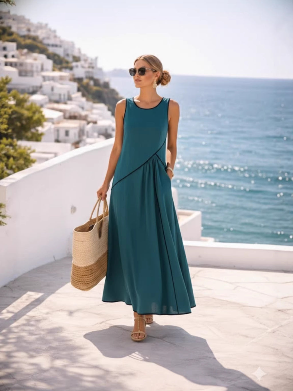 Women's Mediterranean Vacation Style Contrast Color Binding A- Dress