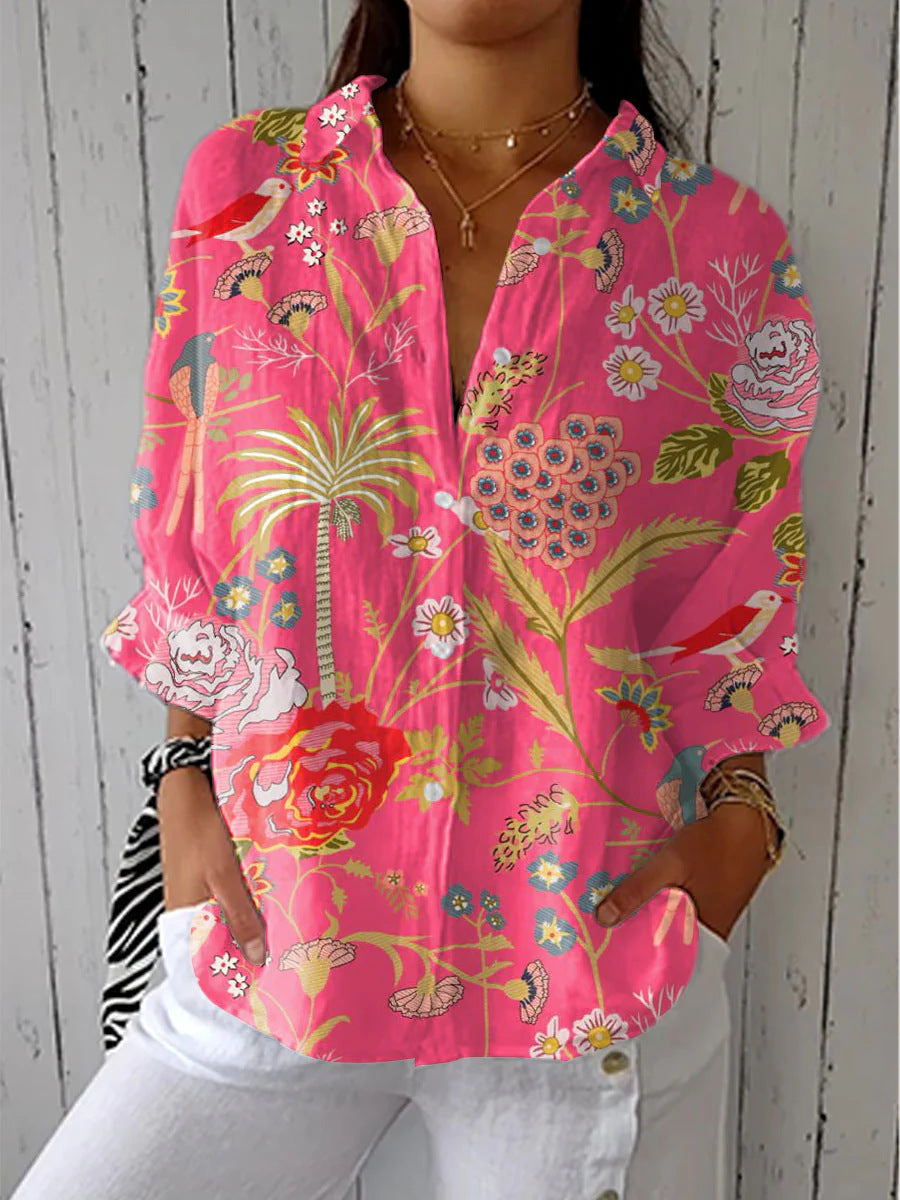 Women's Digital Printing Lapel Long Sleeve Linen Blouse