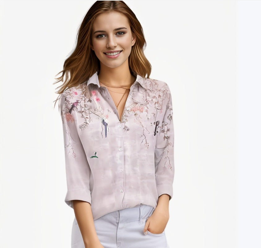 Women's Lapel Long-sleeved Single-breasted Temperament Printed Shirt Blouse