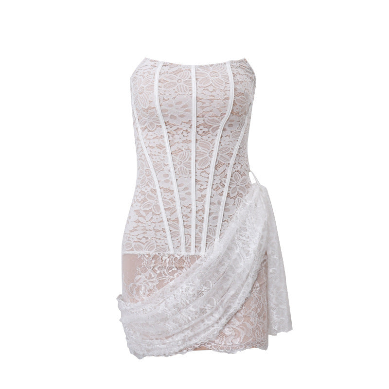 Women's Autumn Sexy Lace Mesh Tube Slightly Transparent Slim Dress