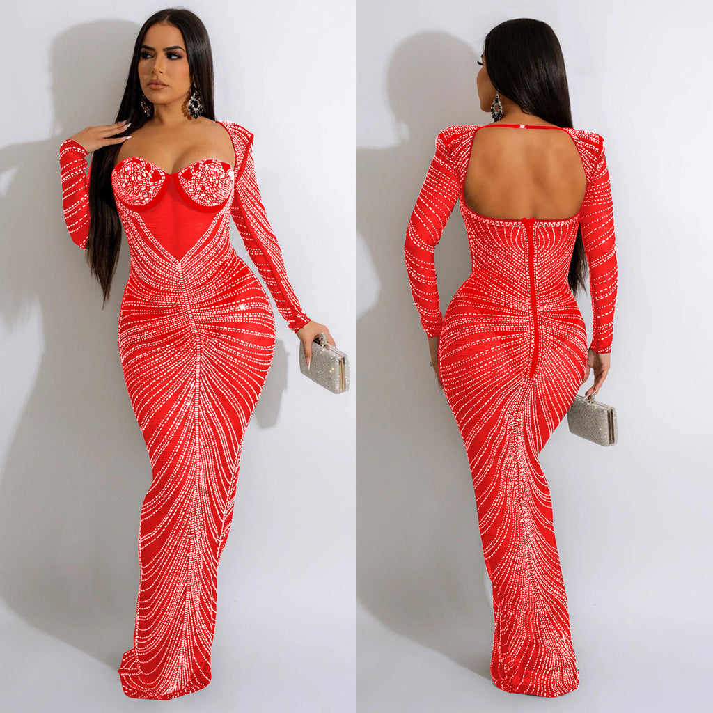 Women's Fashion Wear Hot Drilling Mesh Long Dress
