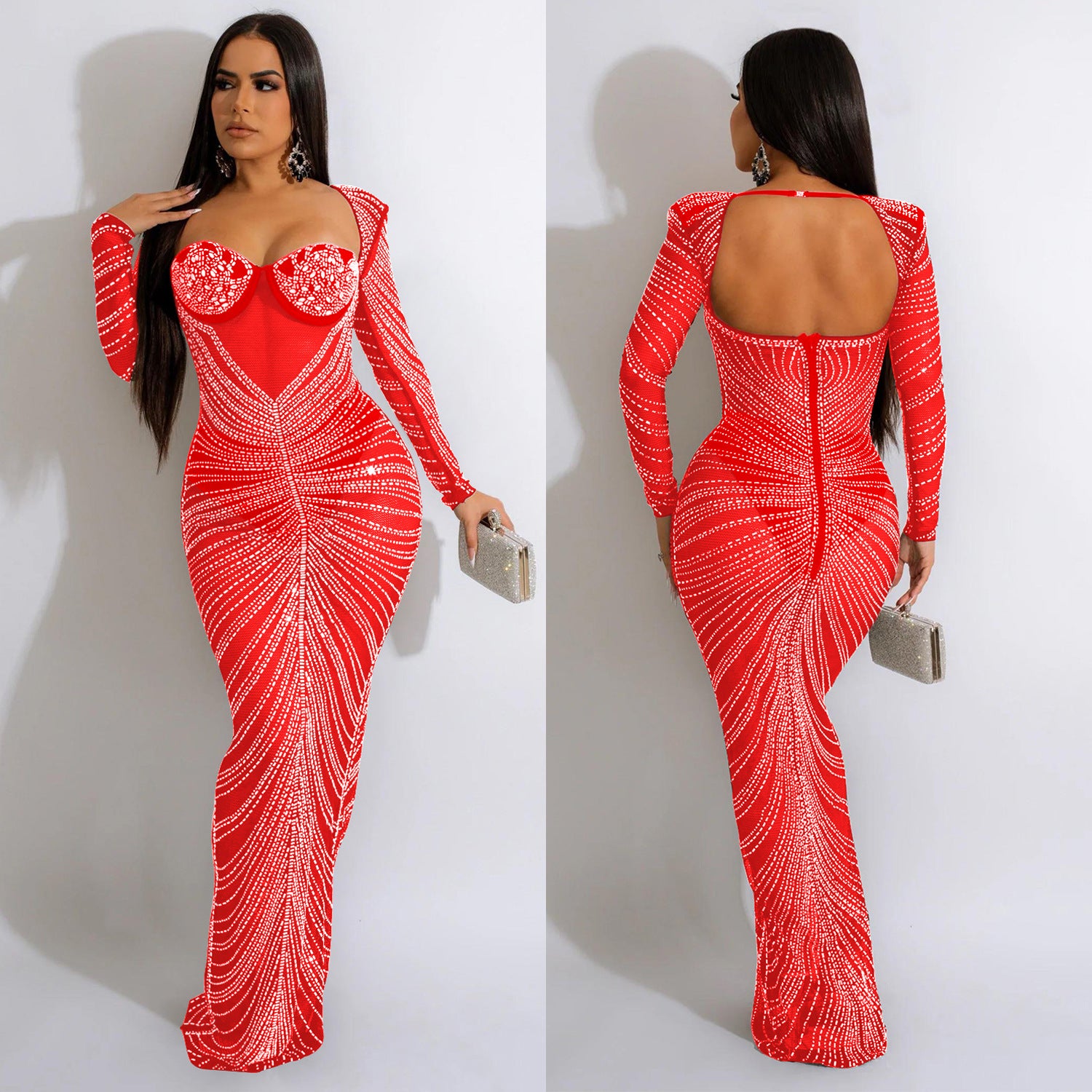 Women's Fashion Wear Hot Drilling Mesh Long Dress