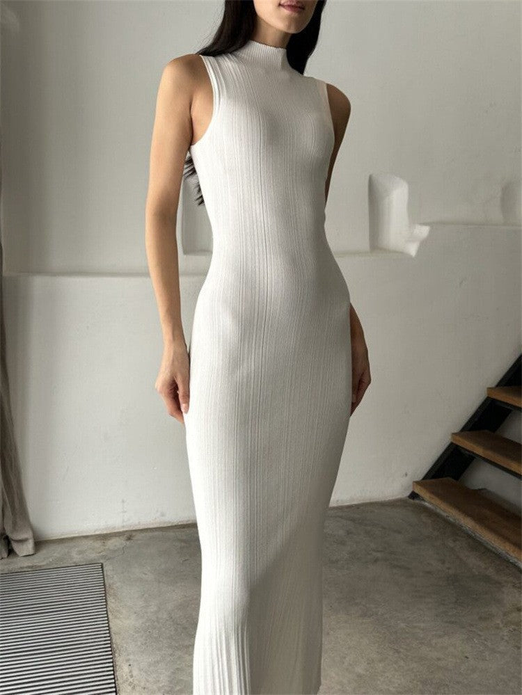 Women's Knitted Turtleneck Sleeveless Tight Midi Elegant Dress