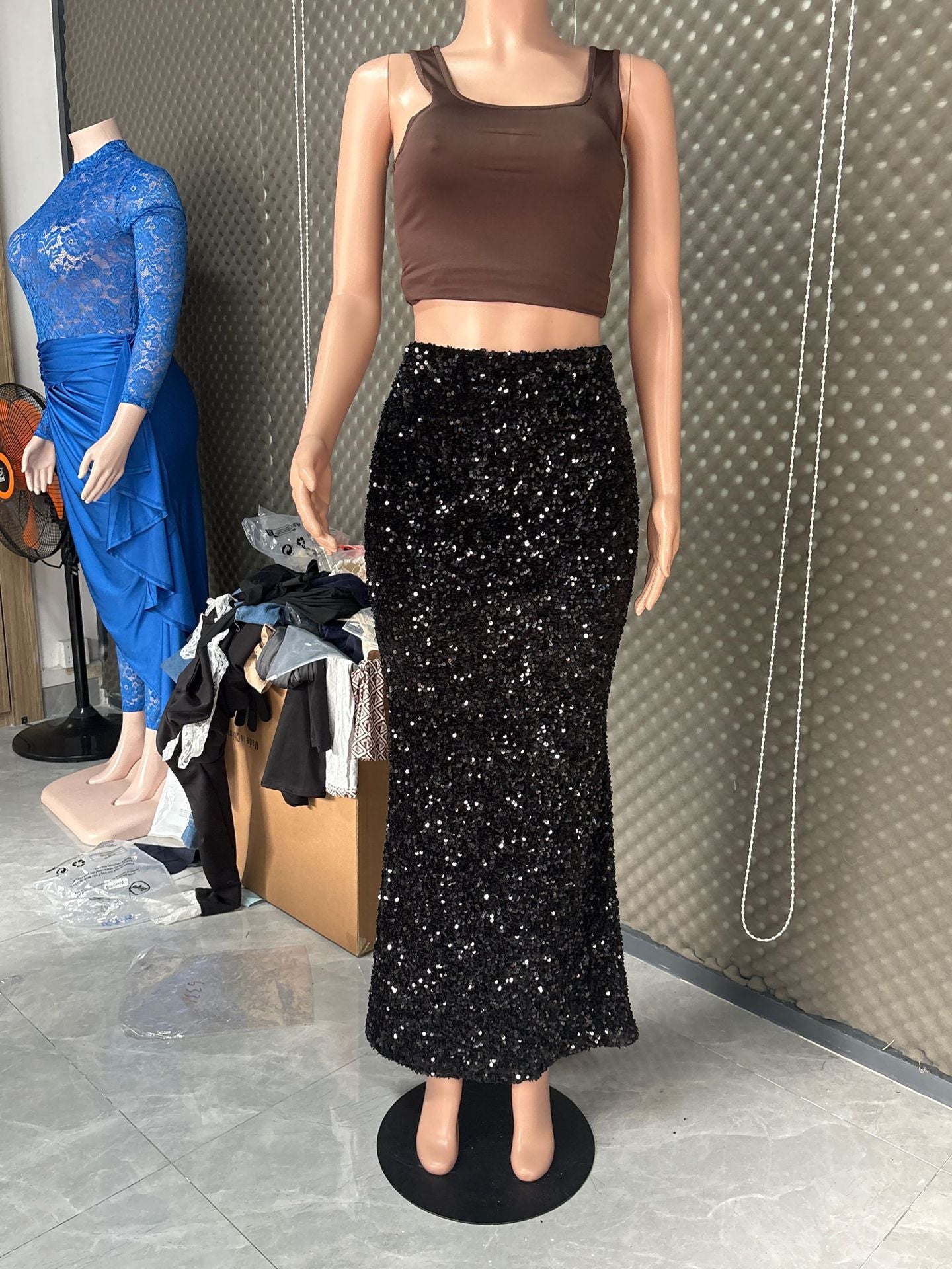 Women's Elastic High Waist Nightclub Sequins Mid-length Skirt