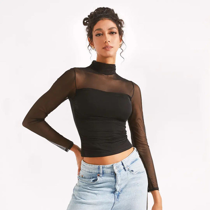 Women's Pure Color Half Collar Mesh Stitching Women's T-shirt