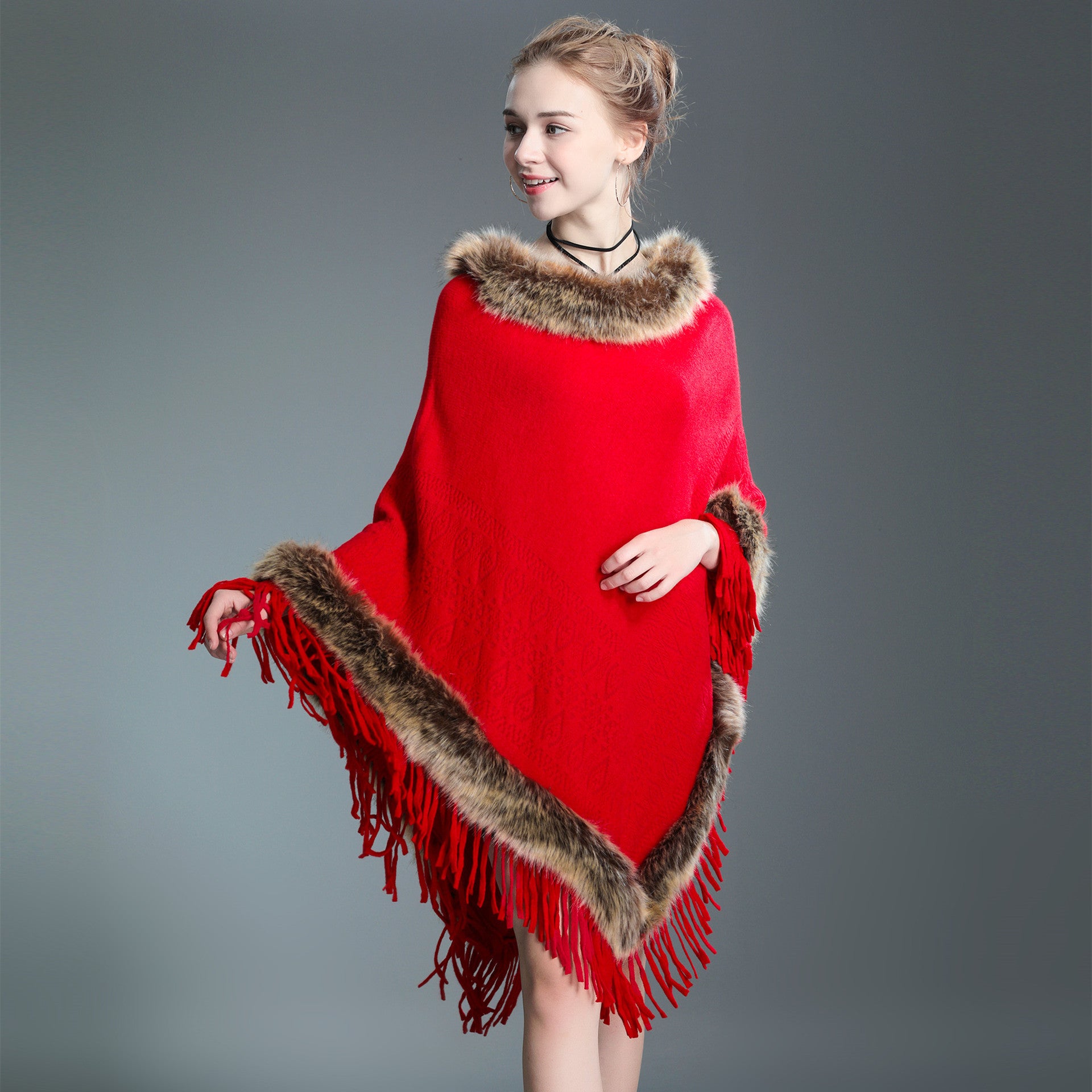 Women's Raccoon Fur Collar Shawl Cape Tassel Women's Sweater