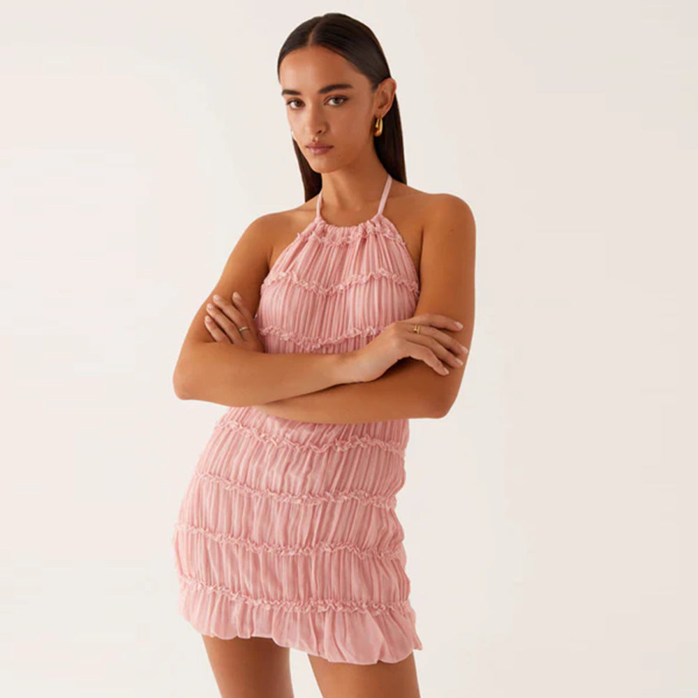 Women's Backless Pleated Stripe Fabric Special Breathable Lace Up Dress