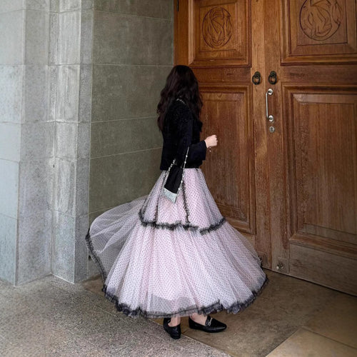 French Style Mesh Pink Polka Dot A- Line Dress Skirts