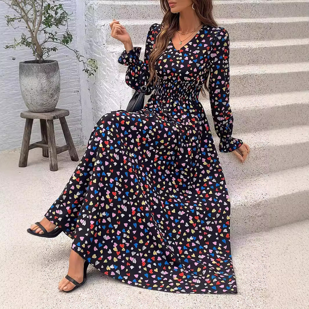 Women's Autumn Printed Long Sleeve Big Hem Dress