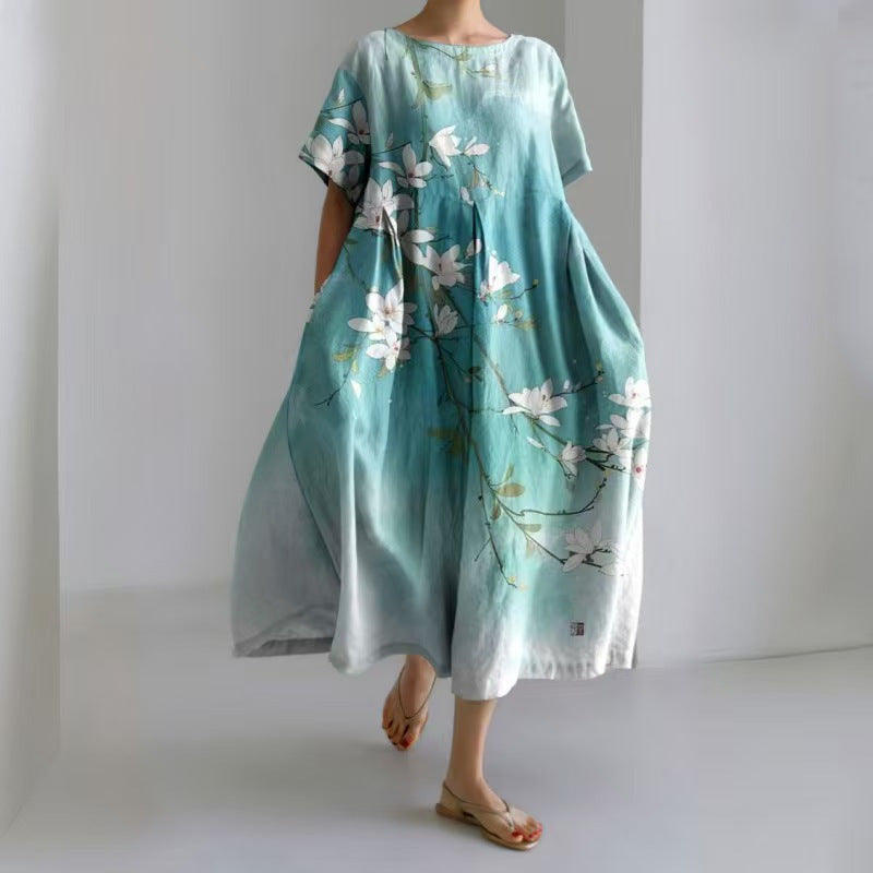 Women's Printed Round Neck Sleeve Elegant Dress