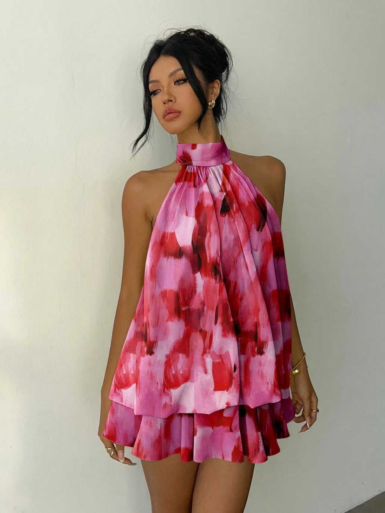 Autumn Chiffon Stitching Halter Sleeveless High Waist A- Dress