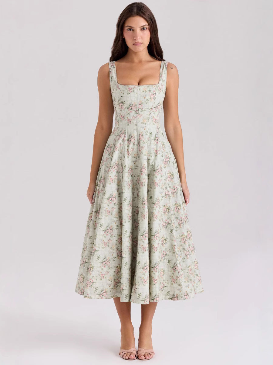 Slim Fit High Waist Midi Printed Dress