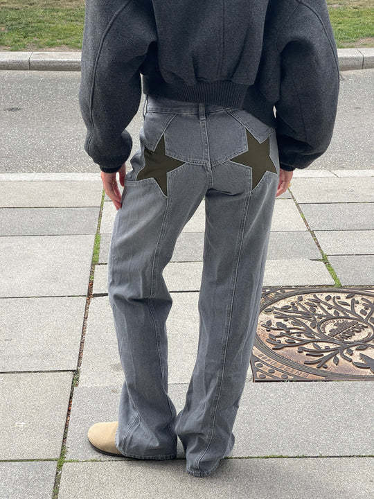 Hot Back Five-pointed Star Color Contrast Women's Jeans