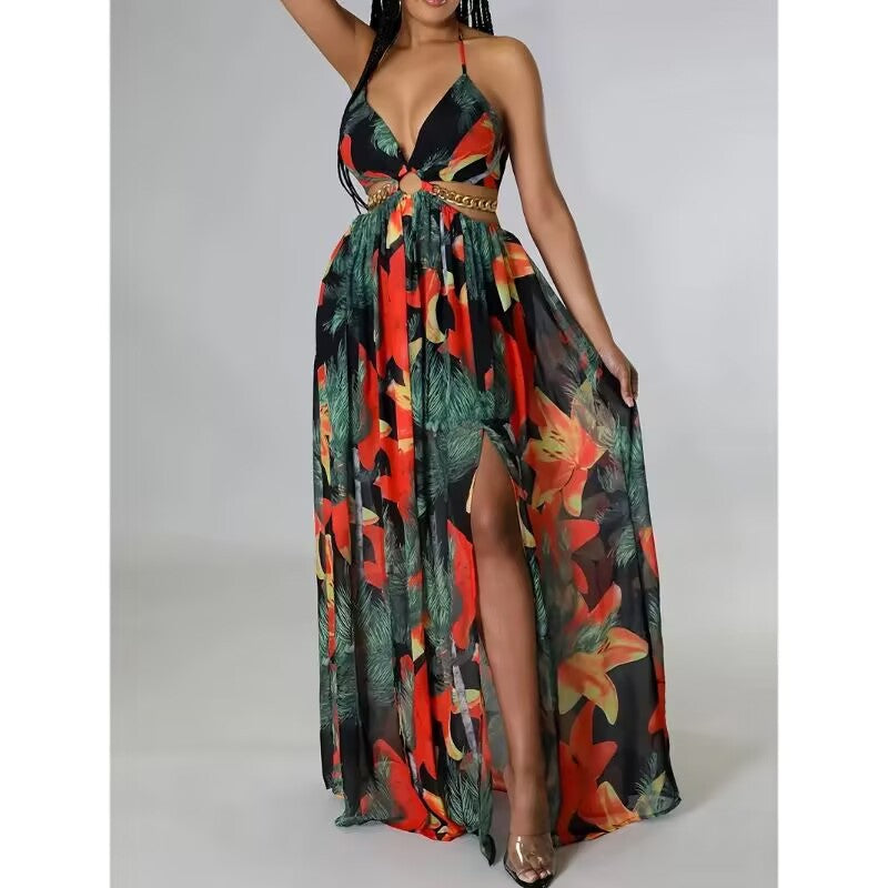 Women's Floral Backless Side Slit Suspender French Print Dress