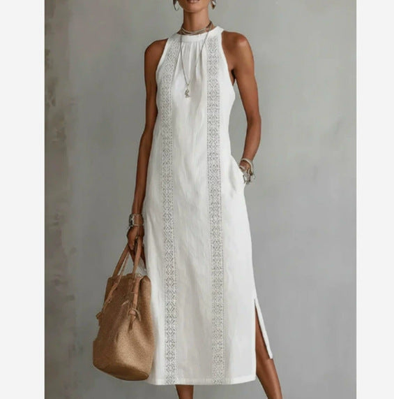 Women's Round Neck Sleeveless Lace Split Solid Color Cotton Dress