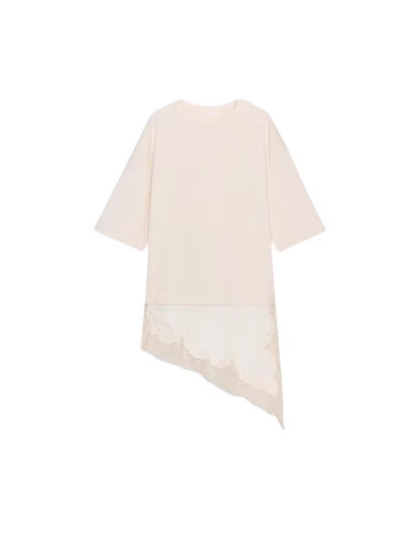 Women's Simple Straight Round Neck Sleeve Lace Stitching Women's T-shirt