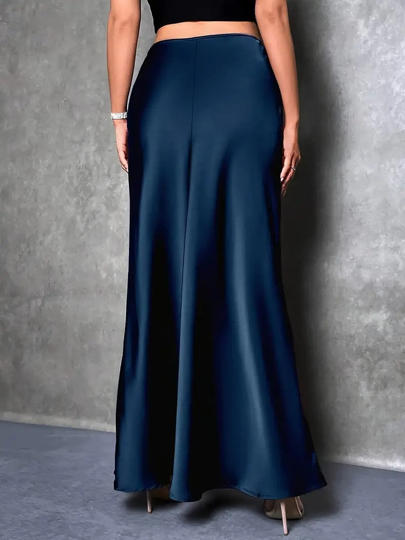 Women's High Waist Ladies Solid Color Maxi Satin Skirt