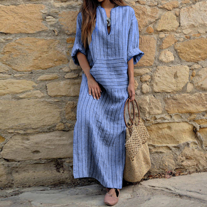 Women's Cotton Linen Yarn-dyed Striped Loose Pockets Dress
