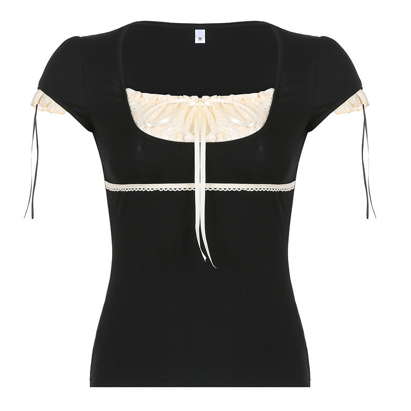 Women's Winter Color Contrast Patchwork Lace Square Collar Tops
