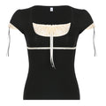 Women's Winter Color Contrast Patchwork Lace Square Collar Tops