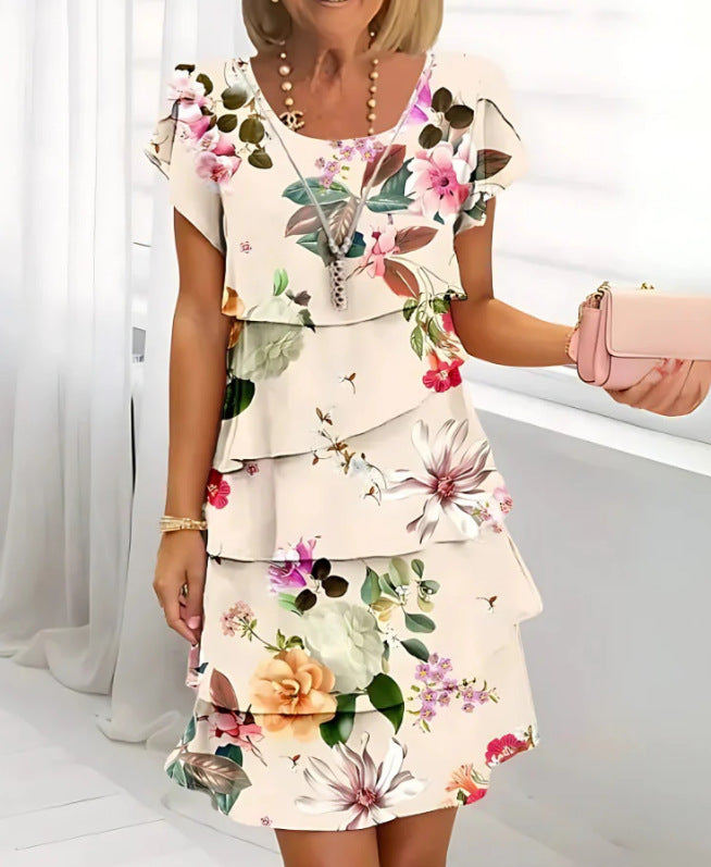 Sleeve Round Neck Printed Series Light Luxury Dress