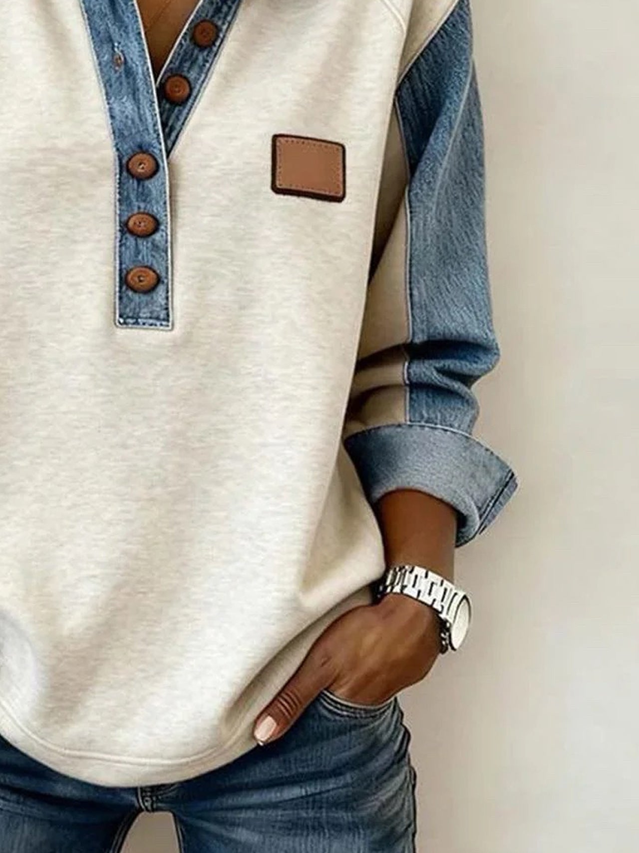 Women's Source Color Block Denim Collar Loose Long Sleeve Women's Sweater