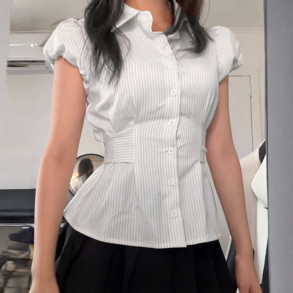 Summer Striped Breasted Shirt Hot Slimming Lace Up Design Lapel Women's T-shirt