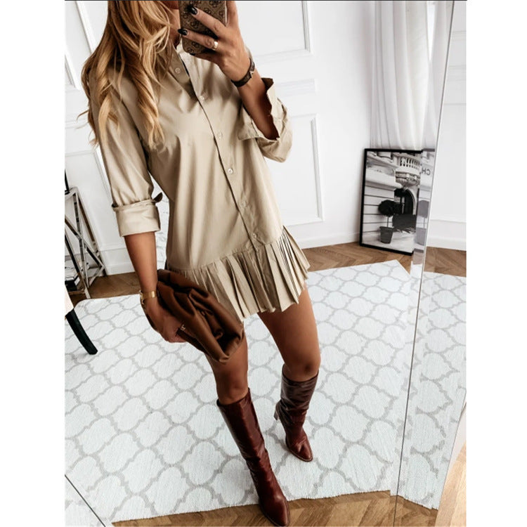 Stylish Women's Shirt Dress Pleated Slim Blouse