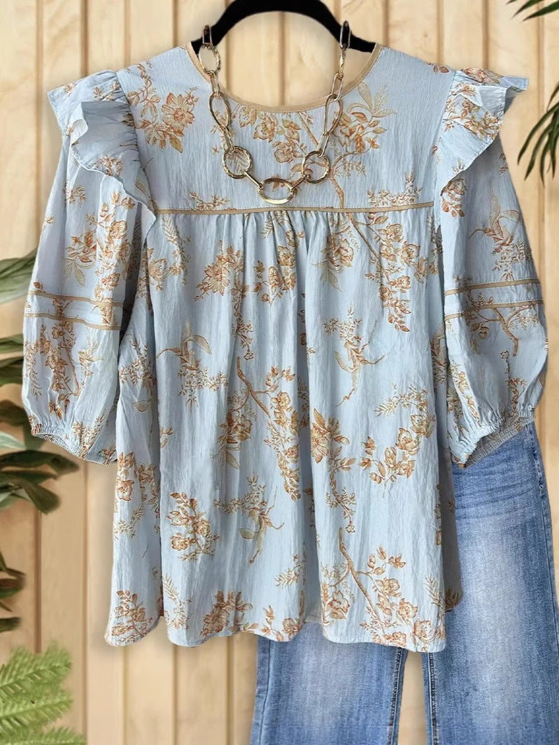 Printing Color Contrast Retro Loose Stitching Long Sleeve Shirt Blouse
