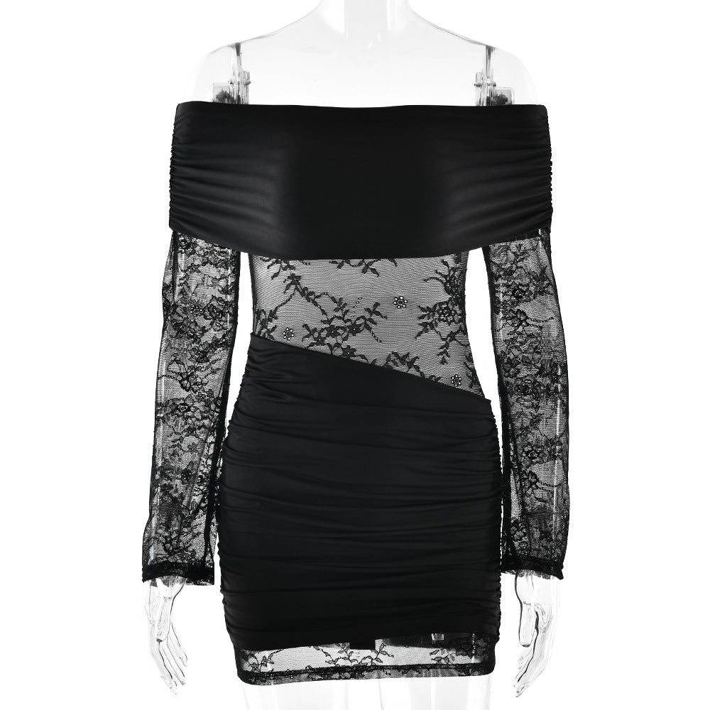Hot Lace Stitching Hip Long Sleeve Skirts
