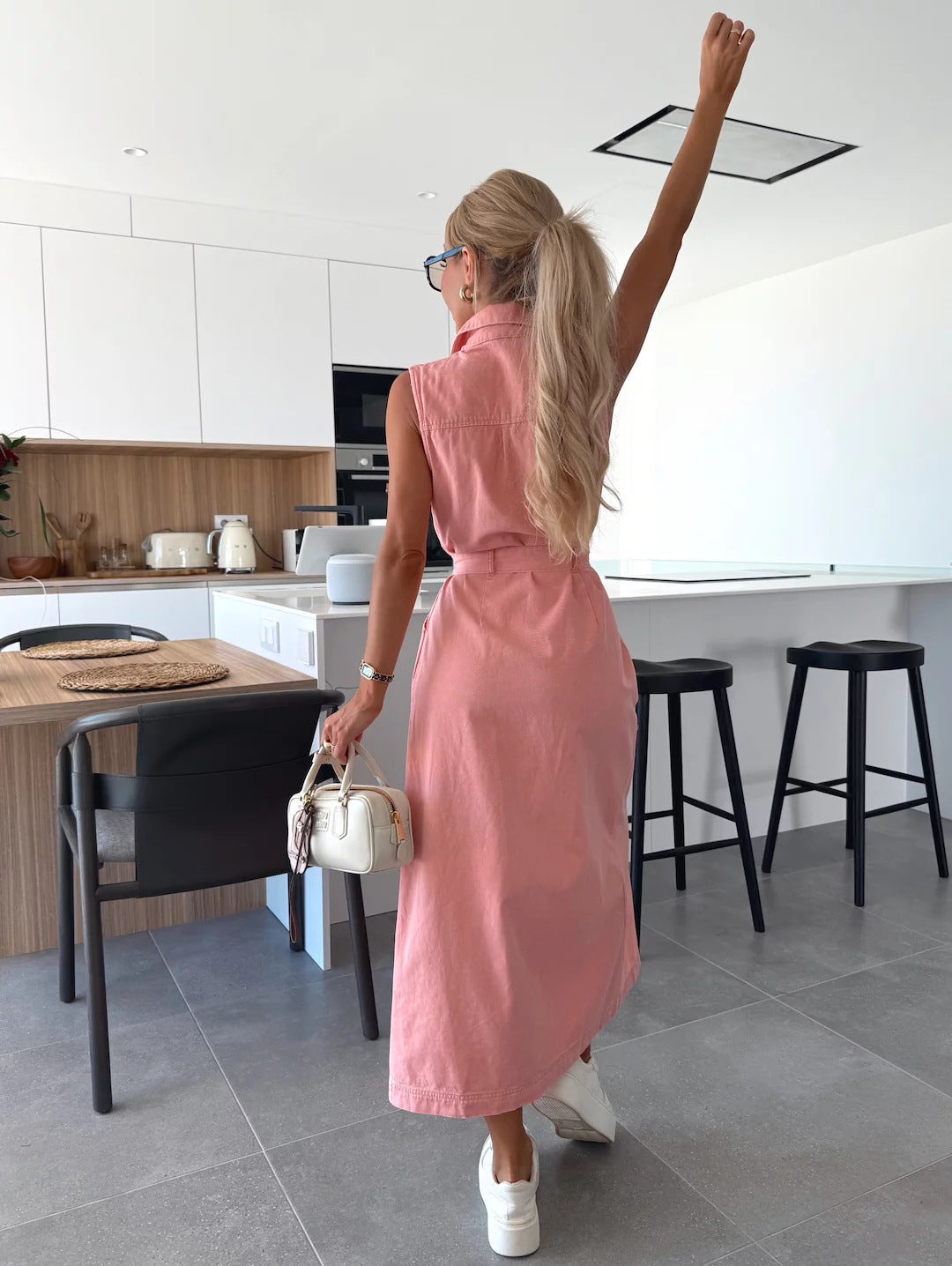 Sleeveless Long Tie Waist Single-breasted Denim Dress