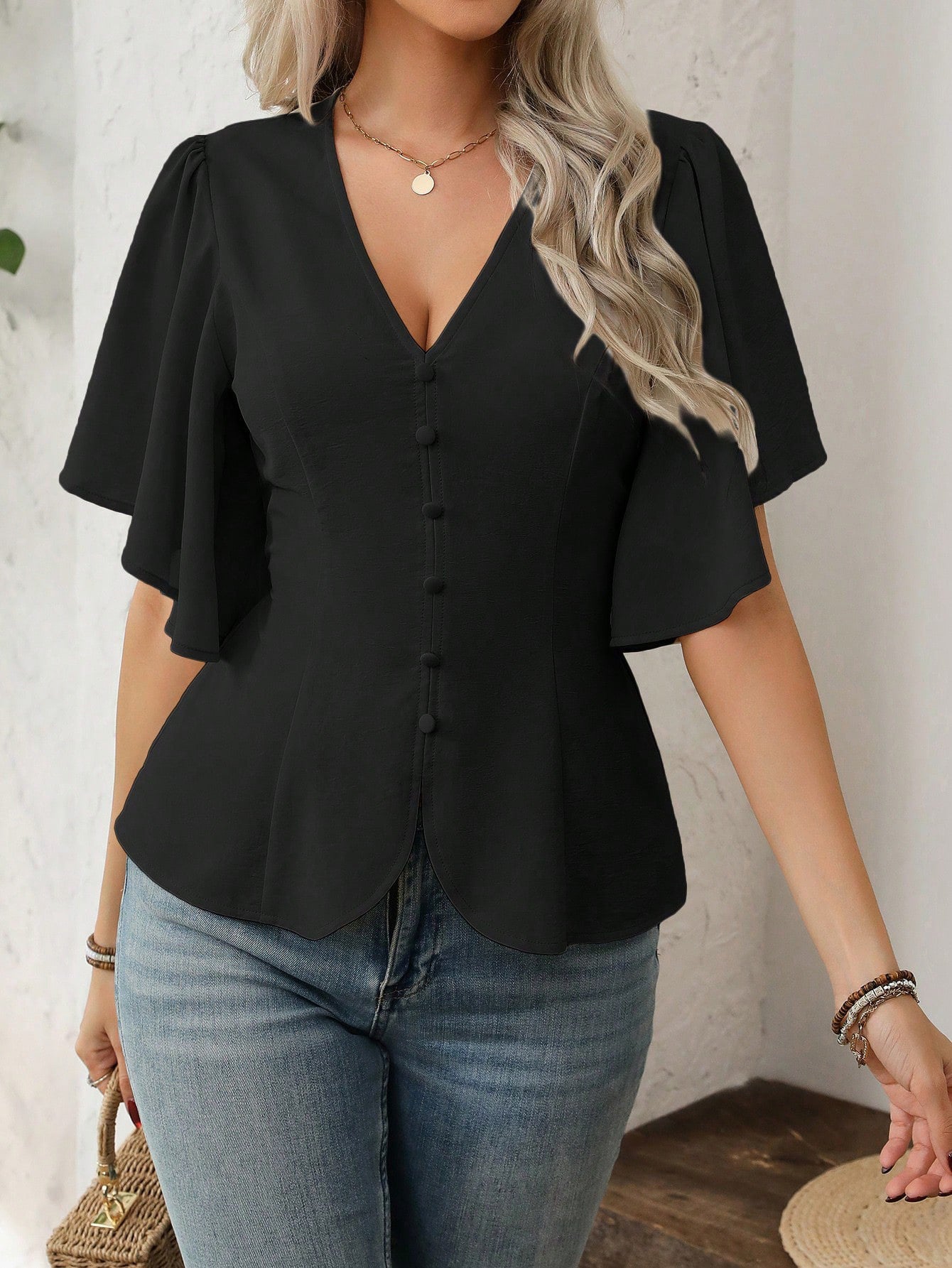 Women's Fashionable Elegant Style Deep Solid Color Single-breasted Waist Tops