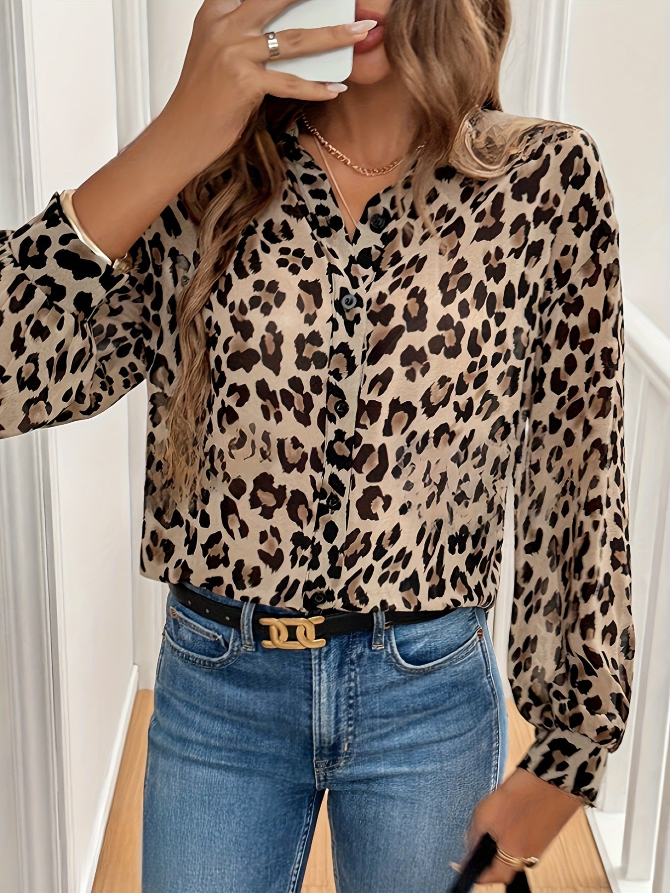 Elegant Leopard Print Long Sleeve Loose-fitting Blouse