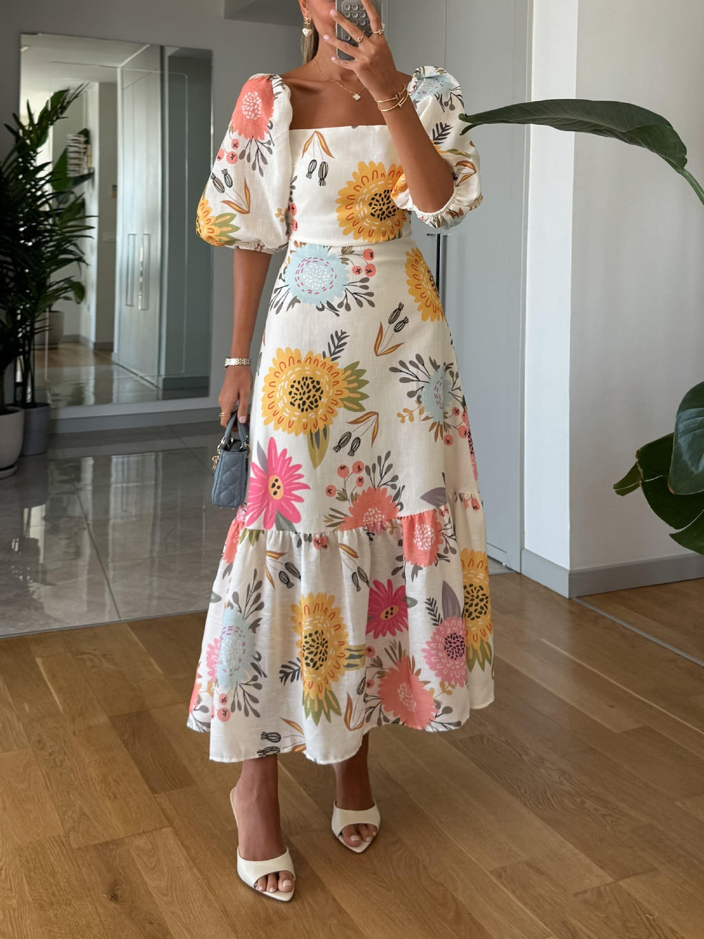 Women's Fashion Printed Puff Sleeve Large Swing Dress