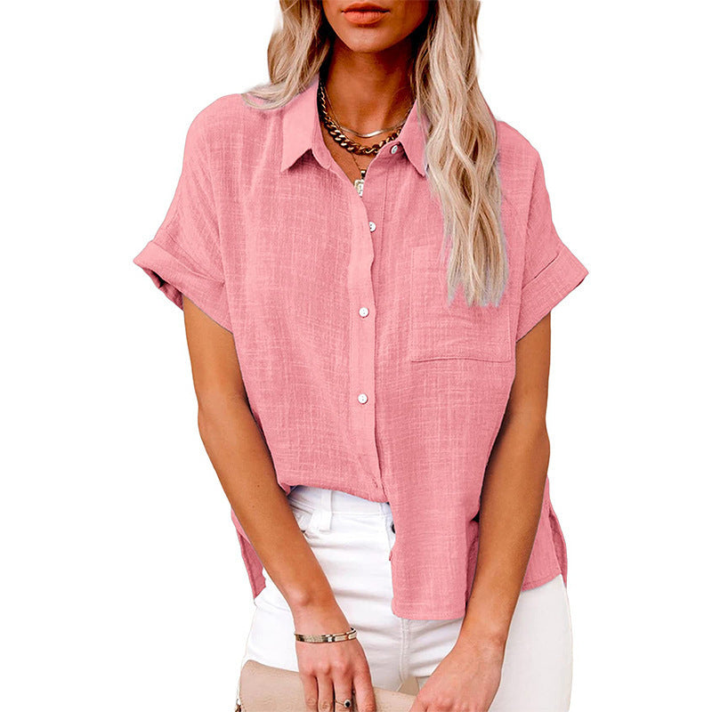 Women's Summer Solid Color Shirt Sleeve Cotton Casual Blouse
