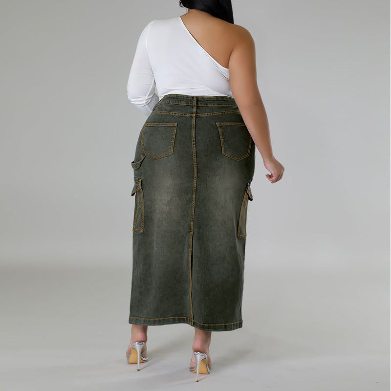 Women's Large Denim Decoration Sleeveless Split Long Skirt