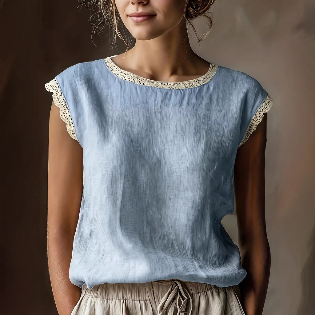 Women's Color Round Neck Lace Stitching Sleeveless Blouse