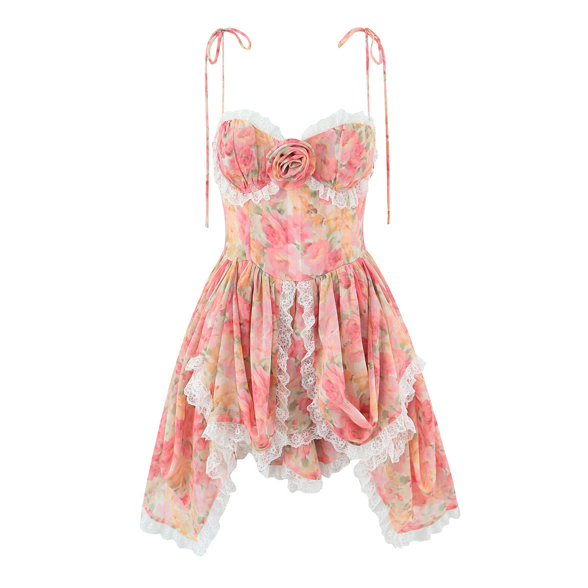 Women's Lace Irregular Flower Waist Trimming Spaghetti Dress