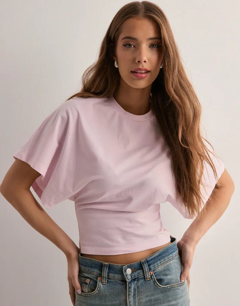 Women's Color Round Neck Shoulder Across Sleeve Sexy Women's T-shirt