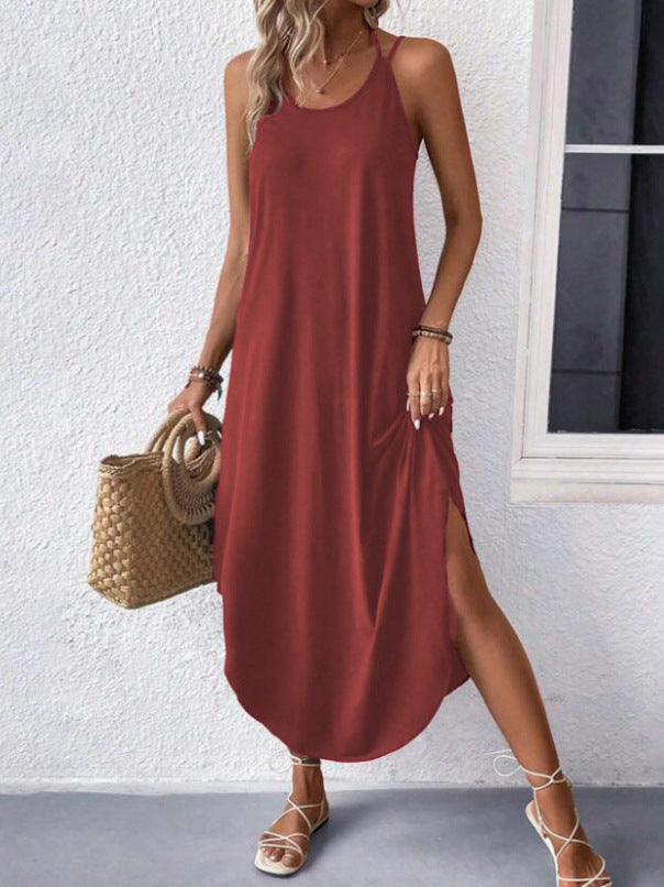 Summer Solid Color High Sense Round Neck Camisole Dress