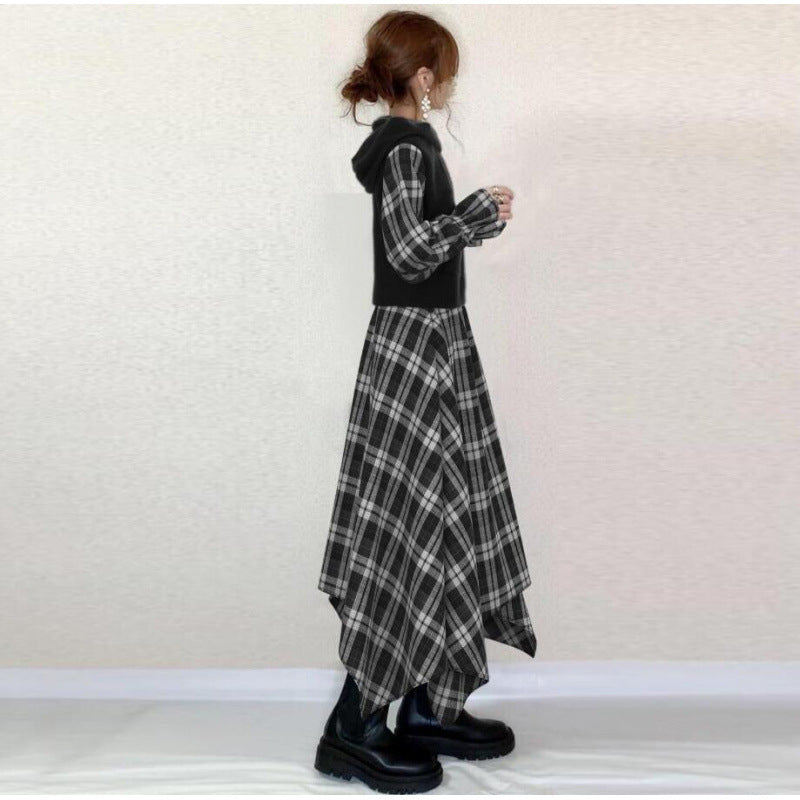 Autumn Loose Plaid Stitching Irregular Hem Dress