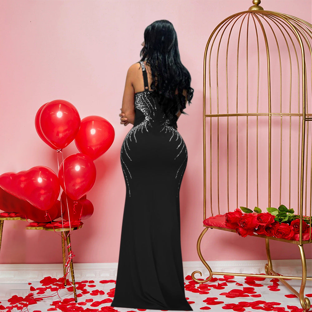 Sexy Brace Long Slim Fit Rhinestone Dress
