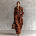 Women's Style Zipper Lapel Elastic Waist Long Vacation Dress