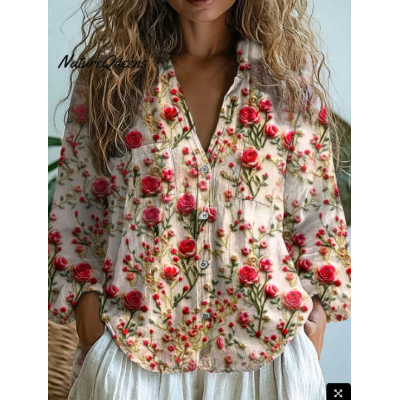 Women's Shirt Printed Exquisite Linen Fabric Tops